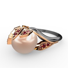 İncili Yaprak Yüzük - Pembe inci ve garnet 18 ayar rose altın yüzük #1vnnulr