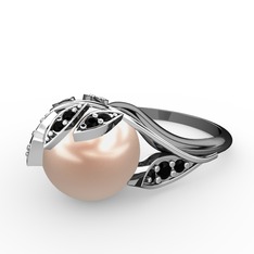 İncili Yaprak Yüzük - Pembe inci ve siyah zirkon 8 ayar beyaz altın yüzük #1vt294