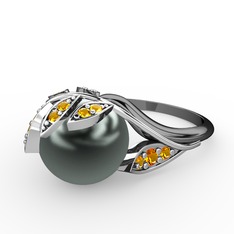 İncili Yaprak Yüzük - Siyah inci ve sitrin 18 ayar beyaz altın yüzük #1w7z5kq