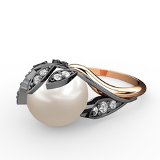 İncili Yaprak Yüzük - Inci ve swarovski 925 ayar siyah rodyum kaplama gümüş yüzük #1wqxoo0