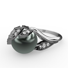 İncili Yaprak Yüzük - Siyah inci ve swarovski 925 ayar siyah rodyum kaplama gümüş yüzük #1wra3gn