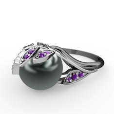 İncili Yaprak Yüzük - Siyah inci ve ametist 14 ayar beyaz altın yüzük #1xc51e2