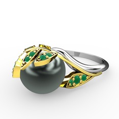 İncili Yaprak Yüzük - Siyah inci ve kök zümrüt 925 ayar altın kaplama gümüş yüzük #1xuah5w