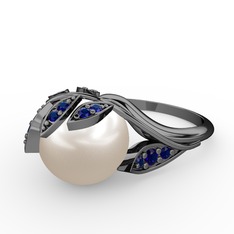 İncili Yaprak Yüzük - Inci ve lab safir 925 ayar siyah rodyum kaplama gümüş yüzük #1xxdma4