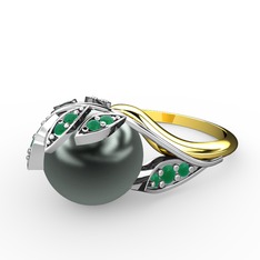 İncili Yaprak Yüzük - Siyah inci ve kök zümrüt 925 ayar gümüş yüzük #1yge2ir