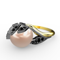 İncili Yaprak Yüzük - Pembe inci ve siyah zirkon 925 ayar siyah rodyum kaplama gümüş yüzük #1yigg04