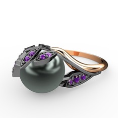 İncili Yaprak Yüzük - Siyah inci ve ametist 925 ayar siyah rodyum kaplama gümüş yüzük #1ym2awj