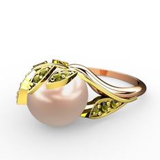 İncili Yaprak Yüzük - Pembe inci ve peridot 8 ayar altın yüzük #1yoe68h