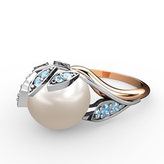 İncili Yaprak Yüzük - Inci ve akuamarin 18 ayar beyaz altın yüzük #1yxvxdk