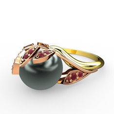 İncili Yaprak Yüzük - Siyah inci ve kök yakut 14 ayar rose altın yüzük #21a7zu