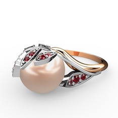 İncili Yaprak Yüzük - Pembe inci ve garnet 14 ayar beyaz altın yüzük #2pgkeb