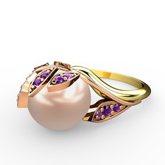 İncili Yaprak Yüzük - Pembe inci ve ametist 18 ayar rose altın yüzük #2qebsh