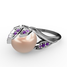 İncili Yaprak Yüzük - Pembe inci ve ametist 8 ayar beyaz altın yüzük #3a1vgx