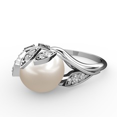 İncili Yaprak Yüzük - Inci ve swarovski 14 ayar beyaz altın yüzük #3wv836