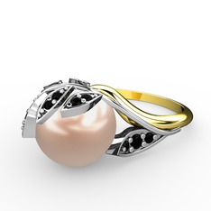 İncili Yaprak Yüzük - Pembe inci ve siyah zirkon 925 ayar gümüş yüzük #53r4un