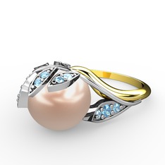 İncili Yaprak Yüzük - Pembe inci ve akuamarin 14 ayar beyaz altın yüzük #59yo6z