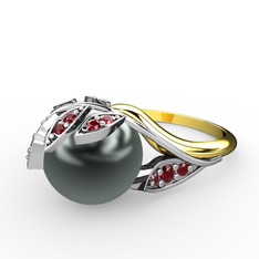 İncili Yaprak Yüzük - Siyah inci ve garnet 14 ayar beyaz altın yüzük #5g2l5f