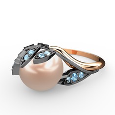 İncili Yaprak Yüzük - Pembe inci ve akuamarin 925 ayar siyah rodyum kaplama gümüş yüzük #5pzzlu