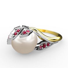 İncili Yaprak Yüzük - Inci ve rodolit garnet 18 ayar beyaz altın yüzük #5rhfds