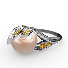 İncili Yaprak Yüzük - Pembe inci ve sitrin 18 ayar beyaz altın yüzük #69m6ag
