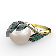 İncili Yaprak Yüzük - Inci ve kök zümrüt 925 ayar siyah rodyum kaplama gümüş yüzük #6bthkm