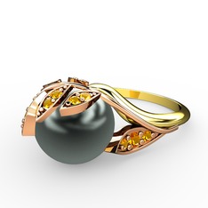 Siyah inci ve sitrin 8 ayar rose altın yüzük