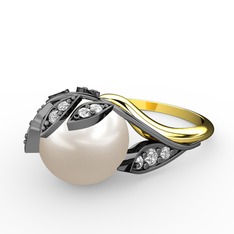 İncili Yaprak Yüzük - Inci ve swarovski 925 ayar siyah rodyum kaplama gümüş yüzük #75npxo