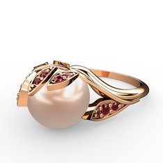 İncili Yaprak Yüzük - Pembe inci ve garnet 18 ayar rose altın yüzük #7erna2