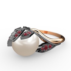 İncili Yaprak Yüzük - Inci ve kök yakut 925 ayar siyah rodyum kaplama gümüş yüzük #7ywb18