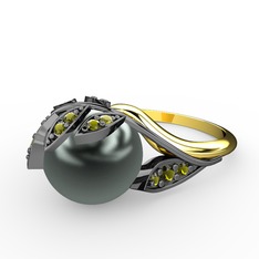 İncili Yaprak Yüzük - Siyah inci ve peridot 925 ayar siyah rodyum kaplama gümüş yüzük #87l62m