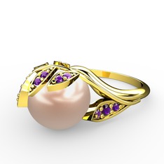 İncili Yaprak Yüzük - Pembe inci ve ametist 925 ayar altın kaplama gümüş yüzük #8ekmyw