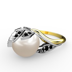 İncili Yaprak Yüzük - Inci ve siyah zirkon 14 ayar beyaz altın yüzük #9fd164