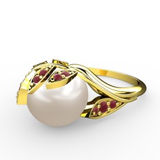 İncili Yaprak Yüzük - Inci ve kök yakut 18 ayar altın yüzük #b0fczz