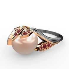 İncili Yaprak Yüzük - Pembe inci ve kök yakut 18 ayar rose altın yüzük #biezu1