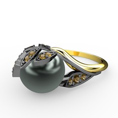 İncili Yaprak Yüzük - Siyah inci ve dumanlı kuvars 925 ayar siyah rodyum kaplama gümüş yüzük #bngbuz