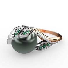 İncili Yaprak Yüzük - Siyah inci ve yeşil kuvars 14 ayar beyaz altın yüzük #bphqnb