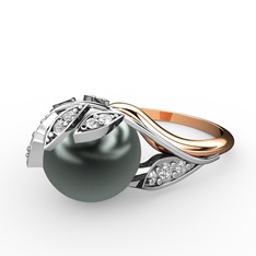 İncili Yaprak Yüzük - Siyah inci ve swarovski 18 ayar beyaz altın yüzük #bughmo