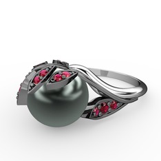 İncili Yaprak Yüzük - Siyah inci ve rodolit garnet 925 ayar siyah rodyum kaplama gümüş yüzük #c2s7yp