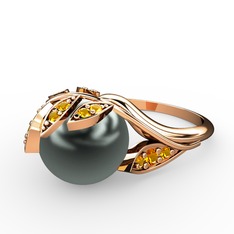 İncili Yaprak Yüzük - Siyah inci ve sitrin 14 ayar rose altın yüzük #cjidpg