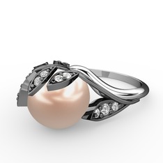 İncili Yaprak Yüzük - Pembe inci ve swarovski 925 ayar siyah rodyum kaplama gümüş yüzük #d2r23u
