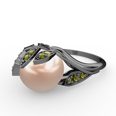 İncili Yaprak Yüzük - Pembe inci ve peridot 925 ayar siyah rodyum kaplama gümüş yüzük #de84tr