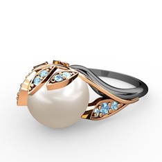 İncili Yaprak Yüzük - Inci ve akuamarin 18 ayar rose altın yüzük #domw92