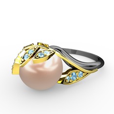 İncili Yaprak Yüzük - Pembe inci ve akuamarin 18 ayar altın yüzük #f55es0