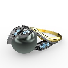 İncili Yaprak Yüzük - Siyah inci ve akuamarin 925 ayar siyah rodyum kaplama gümüş yüzük #ff7kwx