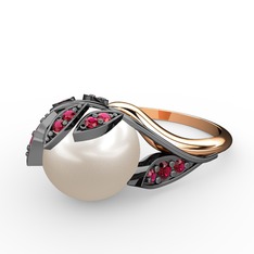 İncili Yaprak Yüzük - Inci ve rodolit garnet 925 ayar siyah rodyum kaplama gümüş yüzük #fjapl8