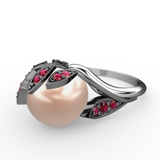 İncili Yaprak Yüzük - Pembe inci ve rodolit garnet 925 ayar siyah rodyum kaplama gümüş yüzük #fmjuei