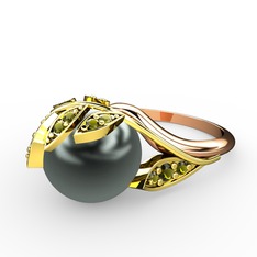 İncili Yaprak Yüzük - Siyah inci ve peridot 18 ayar altın yüzük #fsz851