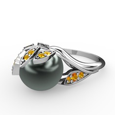 Siyah inci ve sitrin 8 ayar beyaz altın yüzük