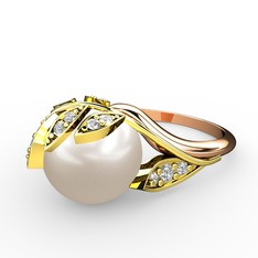İncili Yaprak Yüzük - Inci ve swarovski 14 ayar altın yüzük #g1gr0e