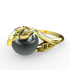 İncili Yaprak Yüzük - Siyah inci ve peridot 8 ayar altın yüzük #g3ov5h